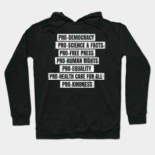 Pro Democracy, Science, Free Press, Human Rights, Equality, Health Care for All, Kindness Hoodie